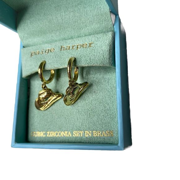 Paige Harper Gold Tone Cowgirl Cowboy Hat Cubic Zirconia Set in Brass Earrings - Picture 3 of 5